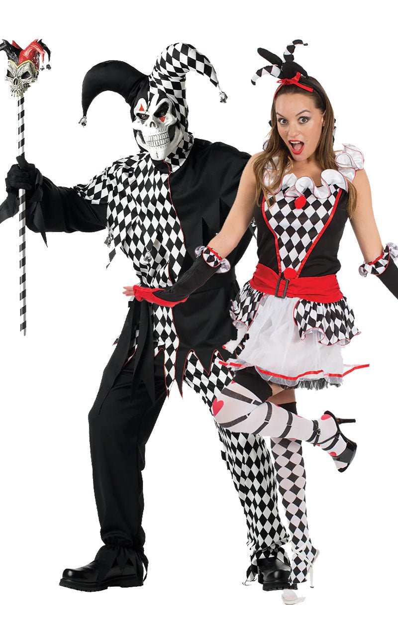 Evil Jester & Harlequinn Jester Couples Costume - Joke.co.uk