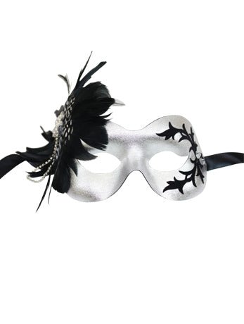 Silver Masquerade Facepiece with Black Feather - Joke.co.uk